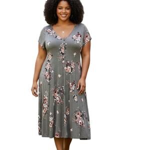 Torrid Floral Knit Midi Dress Womens 2X Gray Multicolor V-Neck Stretch